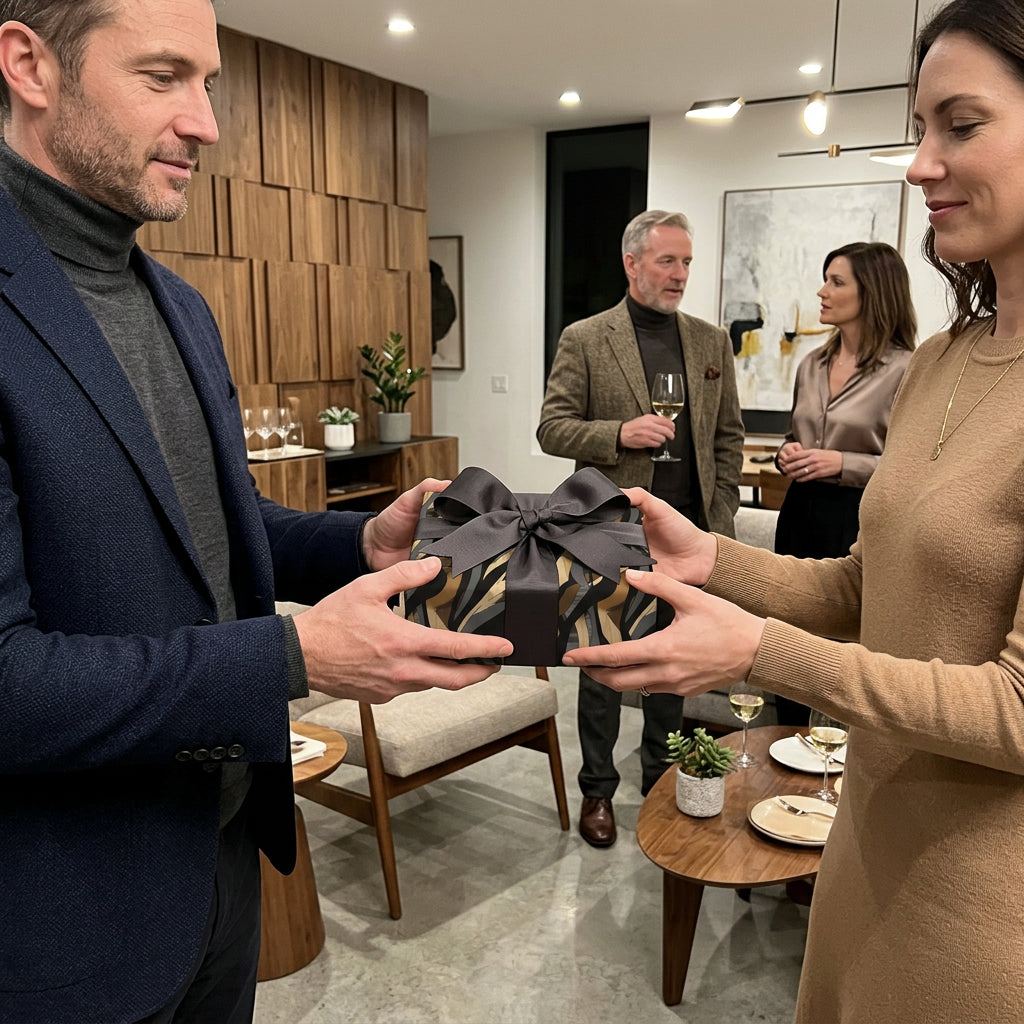 Man giving woman a gift wrapped in modern black and gold striped paper with a gray satin bow.