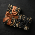 Abstract brown wrapping paper with satin ribbon bows from Wrapped Studios.