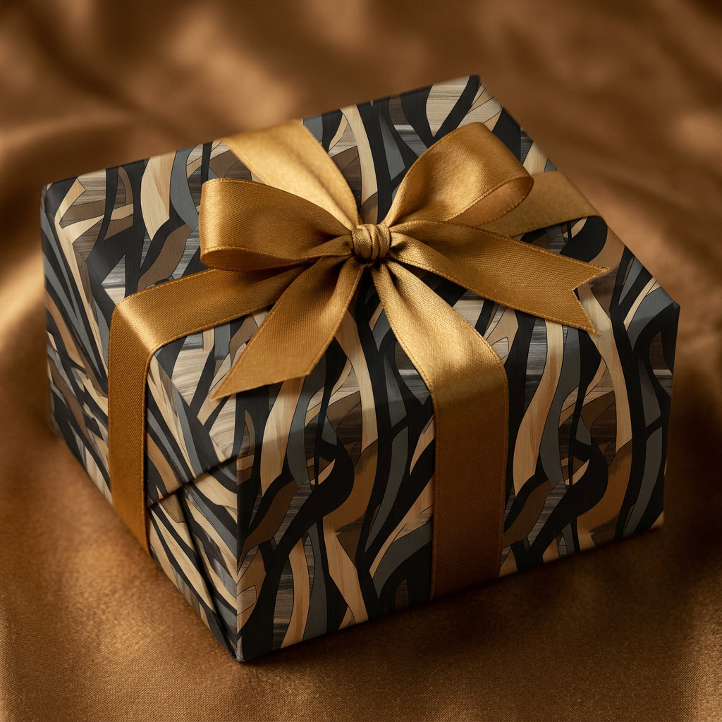 Elegant gift box wrapped in black, beige, and brown patterned paper with a gold ribbon bow.