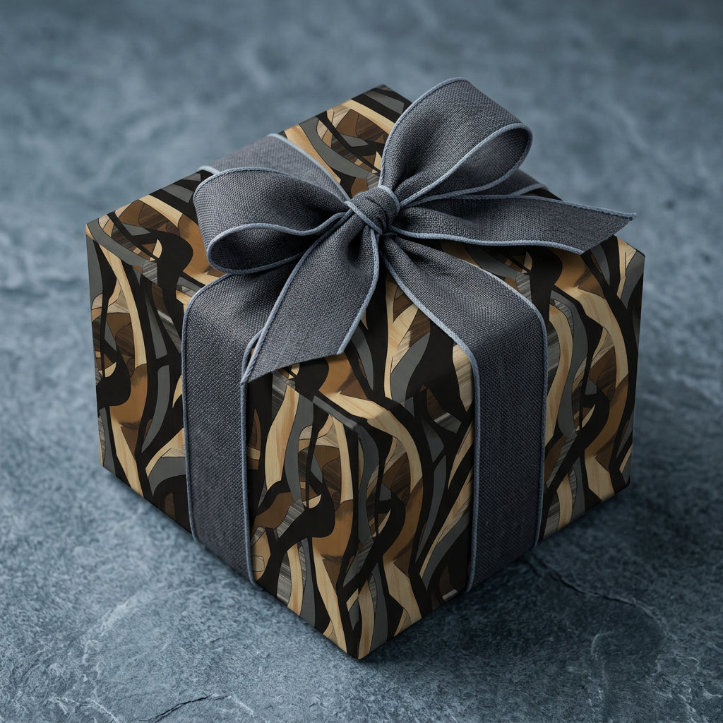 Abstract wrapping paper with a gray linen bow. Neutral toned gift wrap, perfect for any occasion.