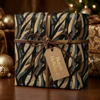 Elegant black and gold holiday gift wrap with abstract stripe design and "Happy Holidays" tag.