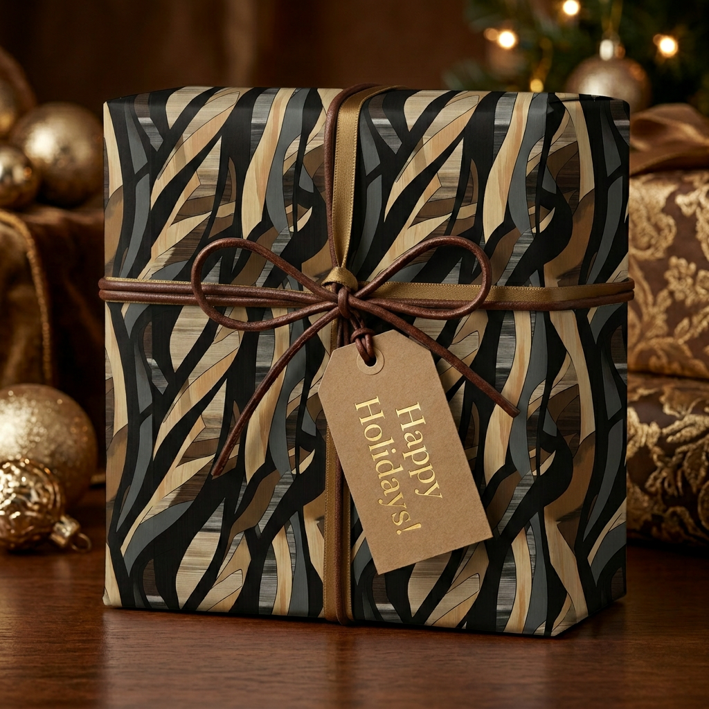Elegant black and gold holiday gift wrap with abstract stripe design and "Happy Holidays" tag.