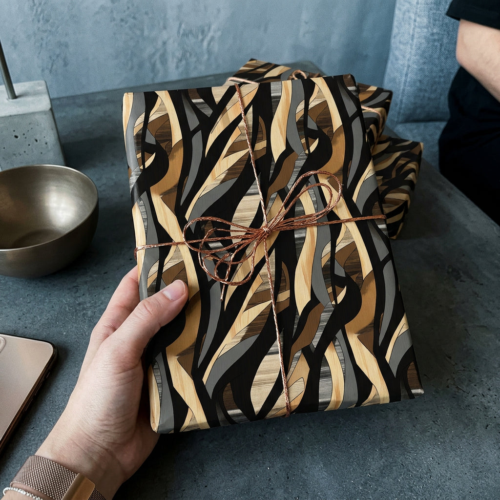Hand holds a gift wrapped in modern black, grey, and tan pattern paper tied with copper string.