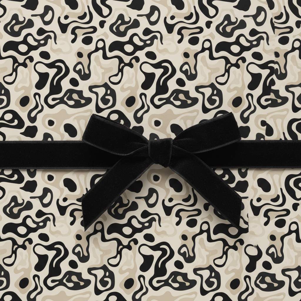Luxury abstract wrapping paper with a black velvet ribbon and bow, perfect for modern gift wrap.