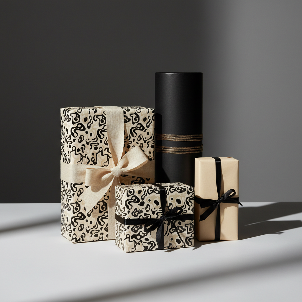Modern abstract black and beige wrapping paper on gift boxes with bows, perfect for luxury birthday or Christmas gifts.
