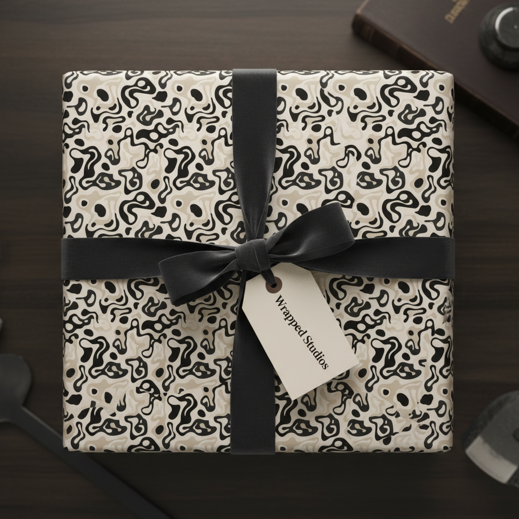 Modern abstract wrapping paper with organic black and beige patterns, tied with a black velvet ribbon and gift tag, on a dark wood table.
