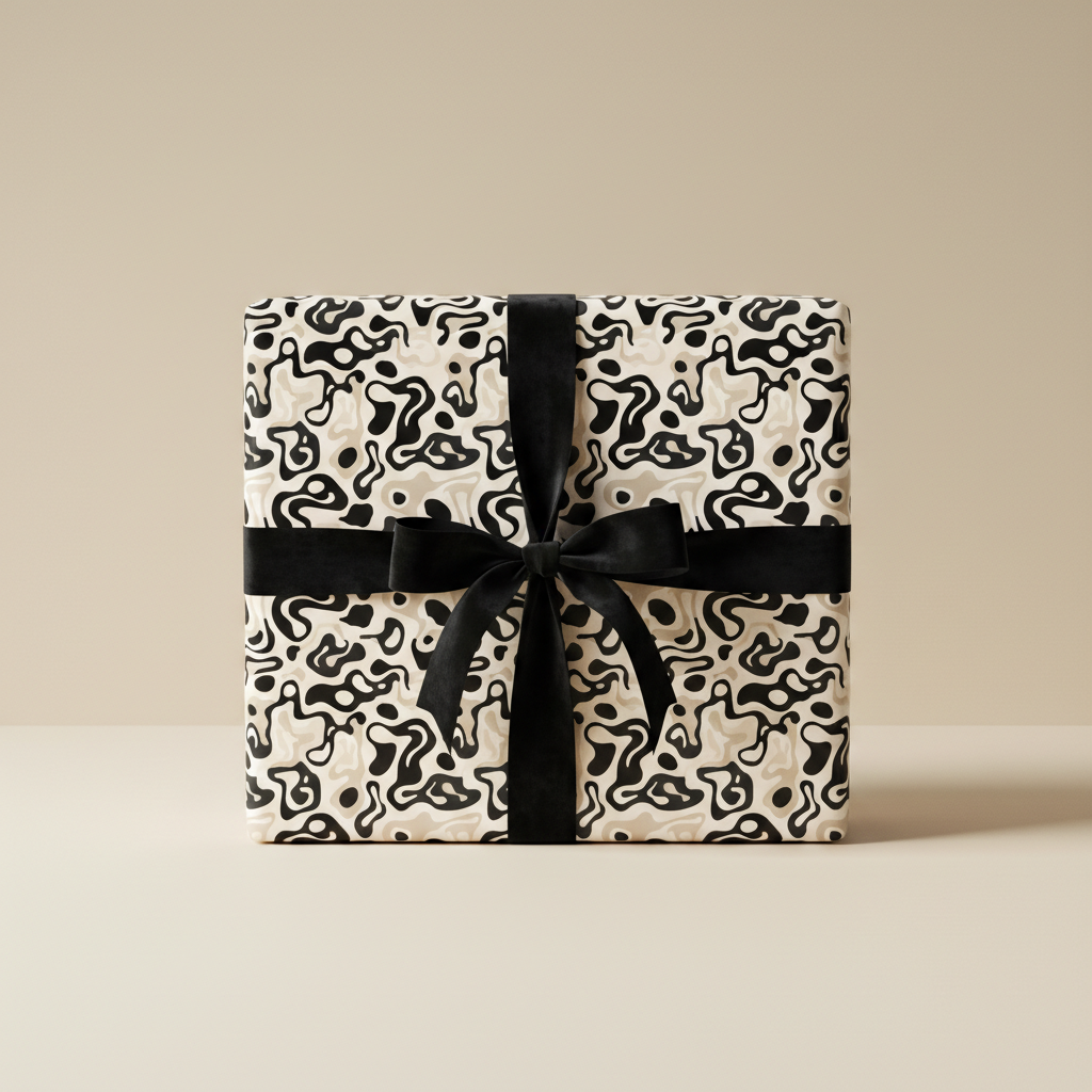 Modern abstract black and beige wrapping paper with a black velvet ribbon bow, perfect for luxury gifts or minimalist celebrations.