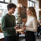 Happy couple exchanging a gift box wrapped in modern black and white patterned paper with a black ribbon.