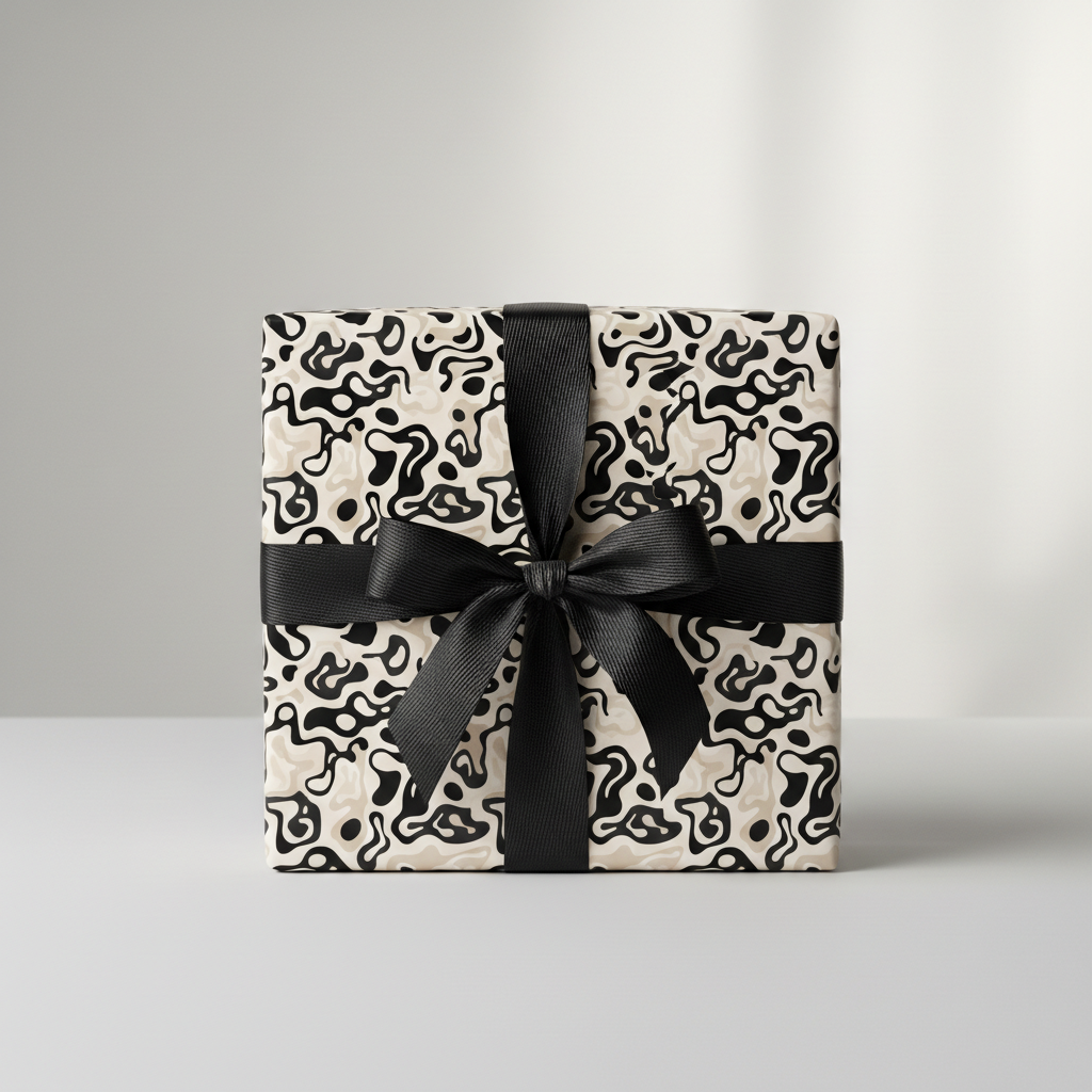 Abstract black and beige wrapping paper with a chic black ribbon and bow, perfect for modern luxury gifts.
