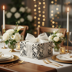 Elegant black and white abstract pattern wrapping paper with a white ribbon bow, centered on a festive dinner table with white floral arrangements.