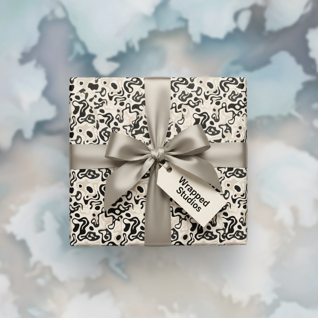 Luxury neutral gift wrap with a modern black and beige abstract pattern, tied with a silky silver ribbon and gift tag, perfect for any occasion.