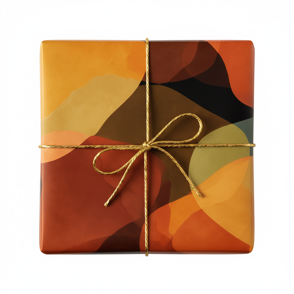 Modern abstract gift wrap featuring earthy tones of orange, brown, and gold, tied with a elegant gold string bow, perfect for luxury gifts.