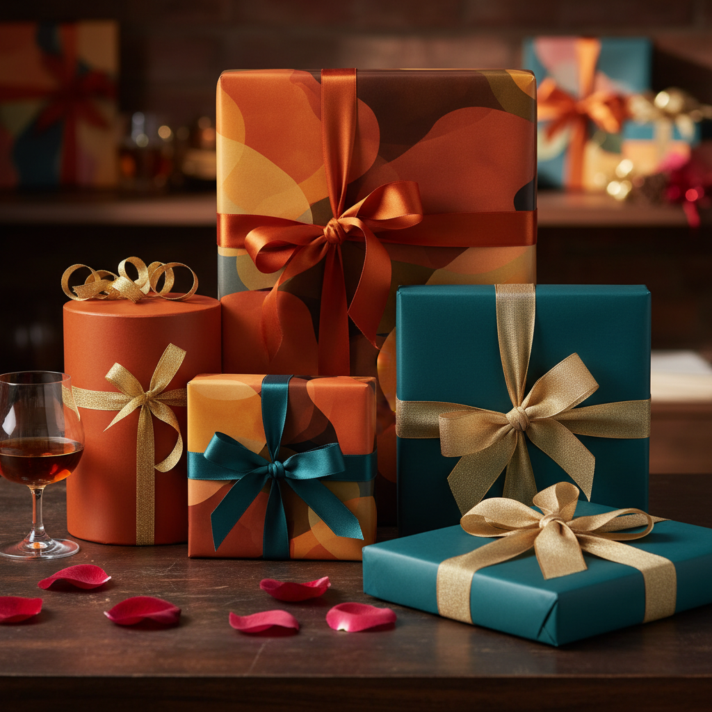 Luxury abstract art wrapping paper gifts in orange, teal, and gold with elegant ribbons and rose petals, perfect for birthdays or anniversaries.