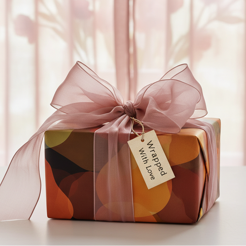 Modern abstract birthday gift with a sheer pink ribbon and "Wrapped With Love" tag on a white table.