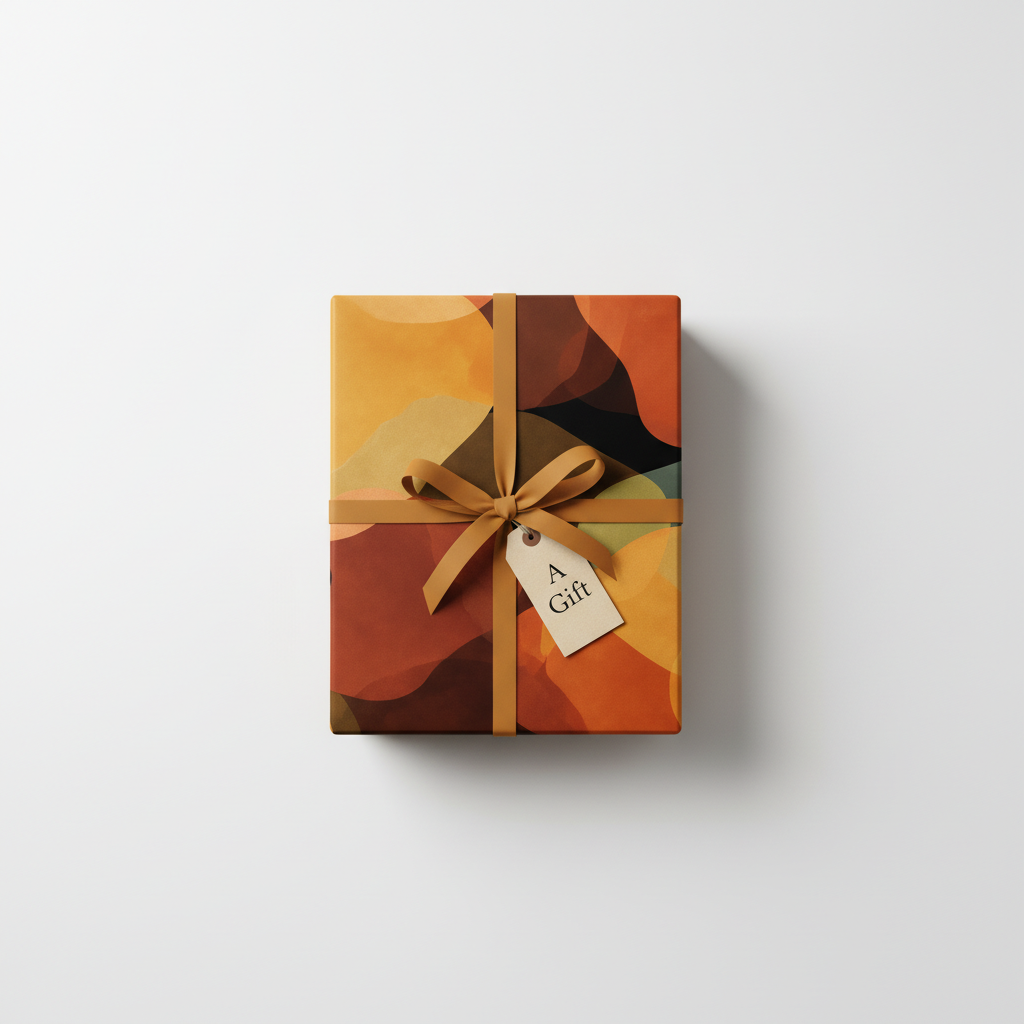 Modern abstract wrapping paper in warm orange, brown, and gold tones, tied with a matching ribbon and "A Gift" tag.