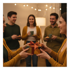 Friends exchanging a birthday gift wrapped in modern geometric paper with an orange ribbon during a cozy evening gathering.