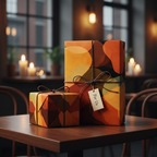 Modern abstract wrapping paper in warm orange, brown, and yellow hues with twine and a "For Us" tag, perfect for an elegant anniversary gift.