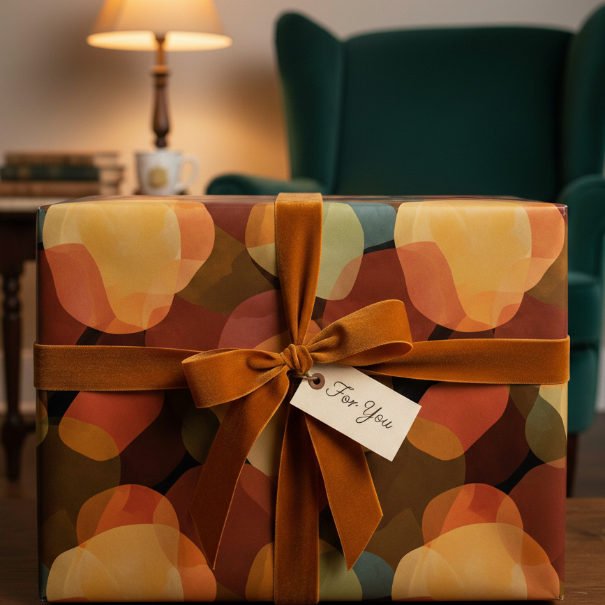 Warm, modern abstract wrapping paper with orange velvet ribbon and "For You" tag, perfect for luxury birthday or holiday gifts.