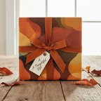 Modern autumn-themed wrapping paper with organic shapes in warm orange, brown, and gold, tied with an orange ribbon and "A Thoughtful Gift" tag.