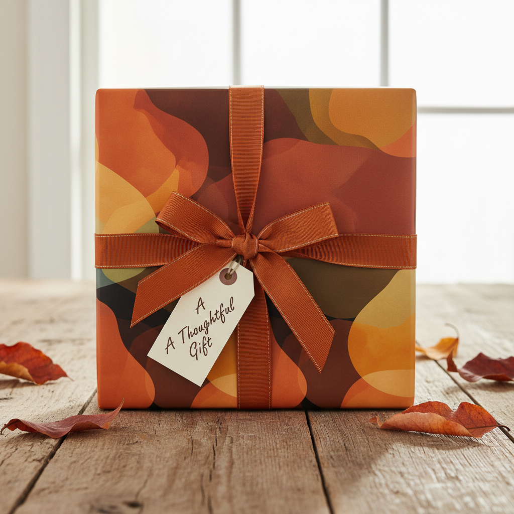 Modern autumn-themed wrapping paper with organic shapes in warm orange, brown, and gold, tied with an orange ribbon and "A Thoughtful Gift" tag.