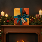 Abstract autumn wrapping paper with teal ribbon and "Happy Holidays" tag on a fireplace mantel with candles and garland.