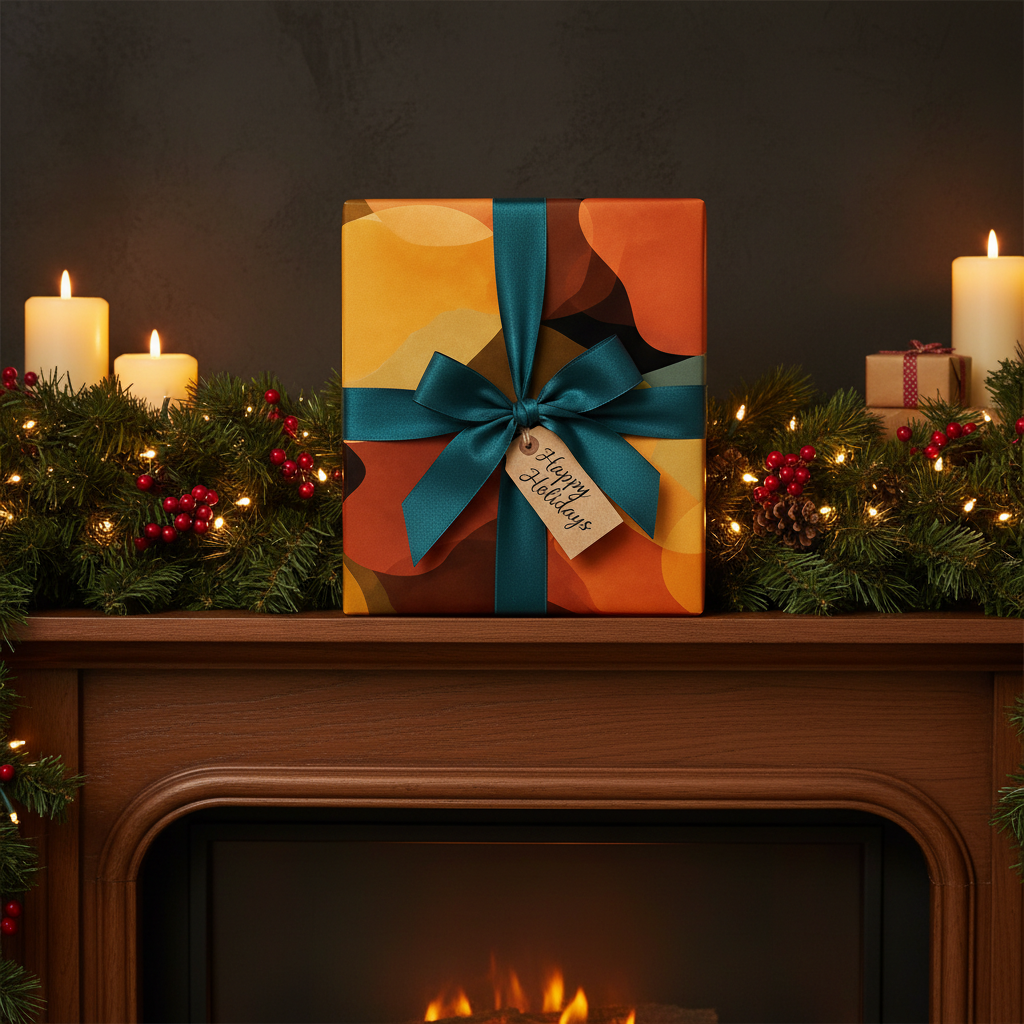 Abstract autumn wrapping paper with teal ribbon and "Happy Holidays" tag on a fireplace mantel with candles and garland.