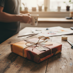 Warm-toned abstract pattern wrapping paper gift box with twine and tag on a rustic wooden table, cozy home decor.
