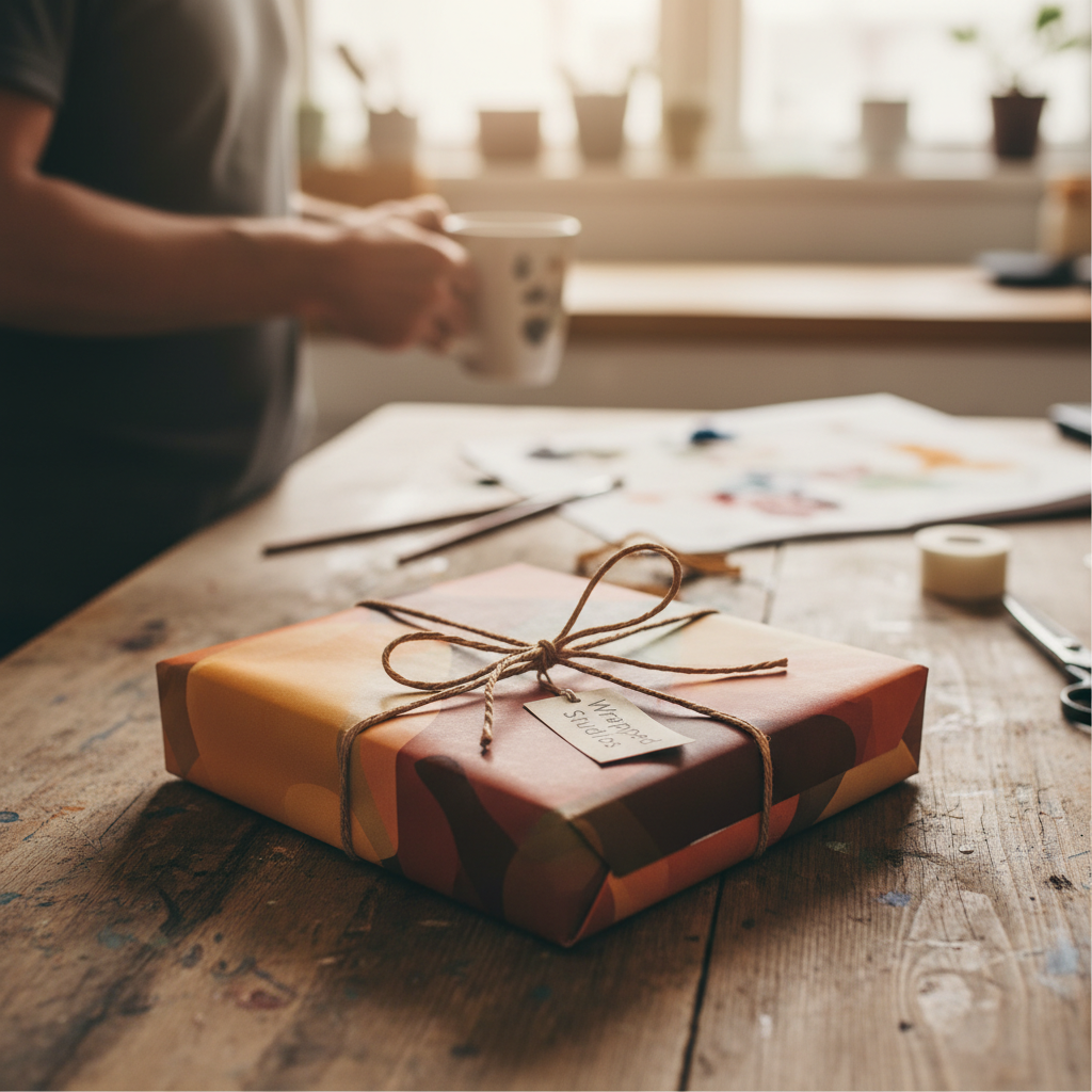 Warm-toned abstract pattern wrapping paper gift box with twine and tag on a rustic wooden table, cozy home decor.