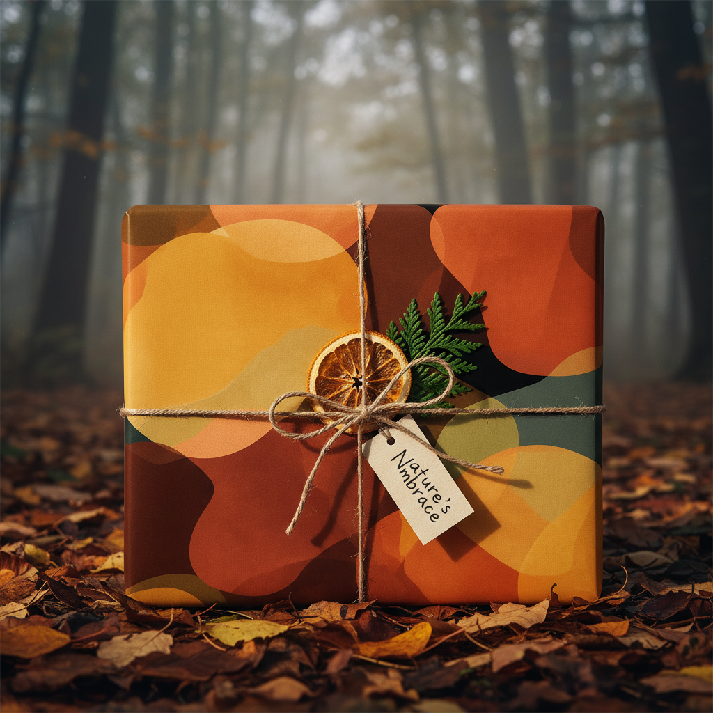 Nature's Embrace abstract fall wrapping paper with dried orange, twine, and cedar sprig, perfect for rustic gifts.
