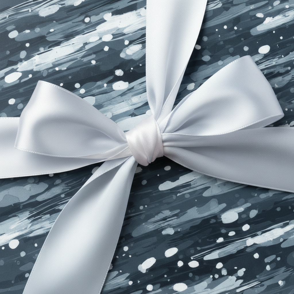 Elegant dark gray and white abstract wrapping paper with a satin silver bow.