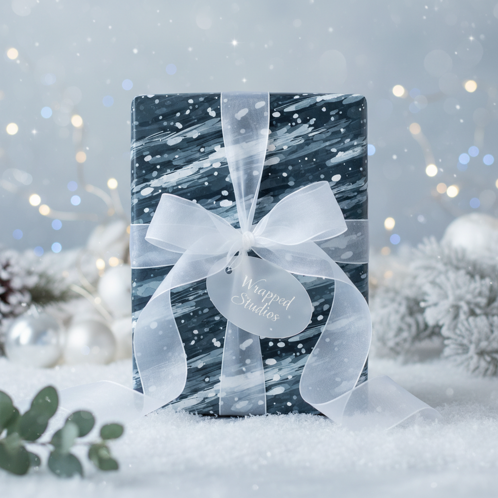 Elegant navy gift wrapped in painterly abstract paper with white sheer ribbon for a festive holiday celebration.