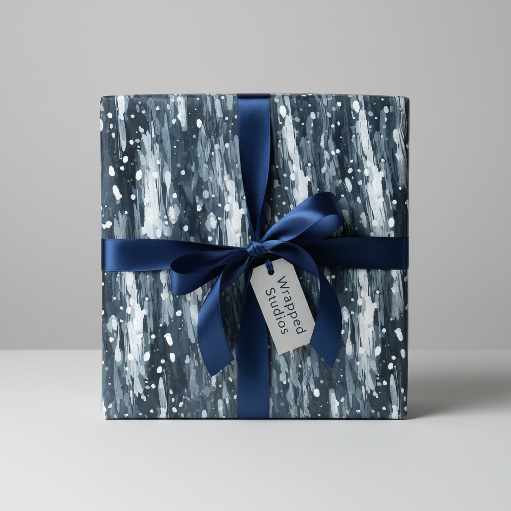 Elegant gift wrapped in modern grey splatter wrapping paper with a navy blue ribbon.