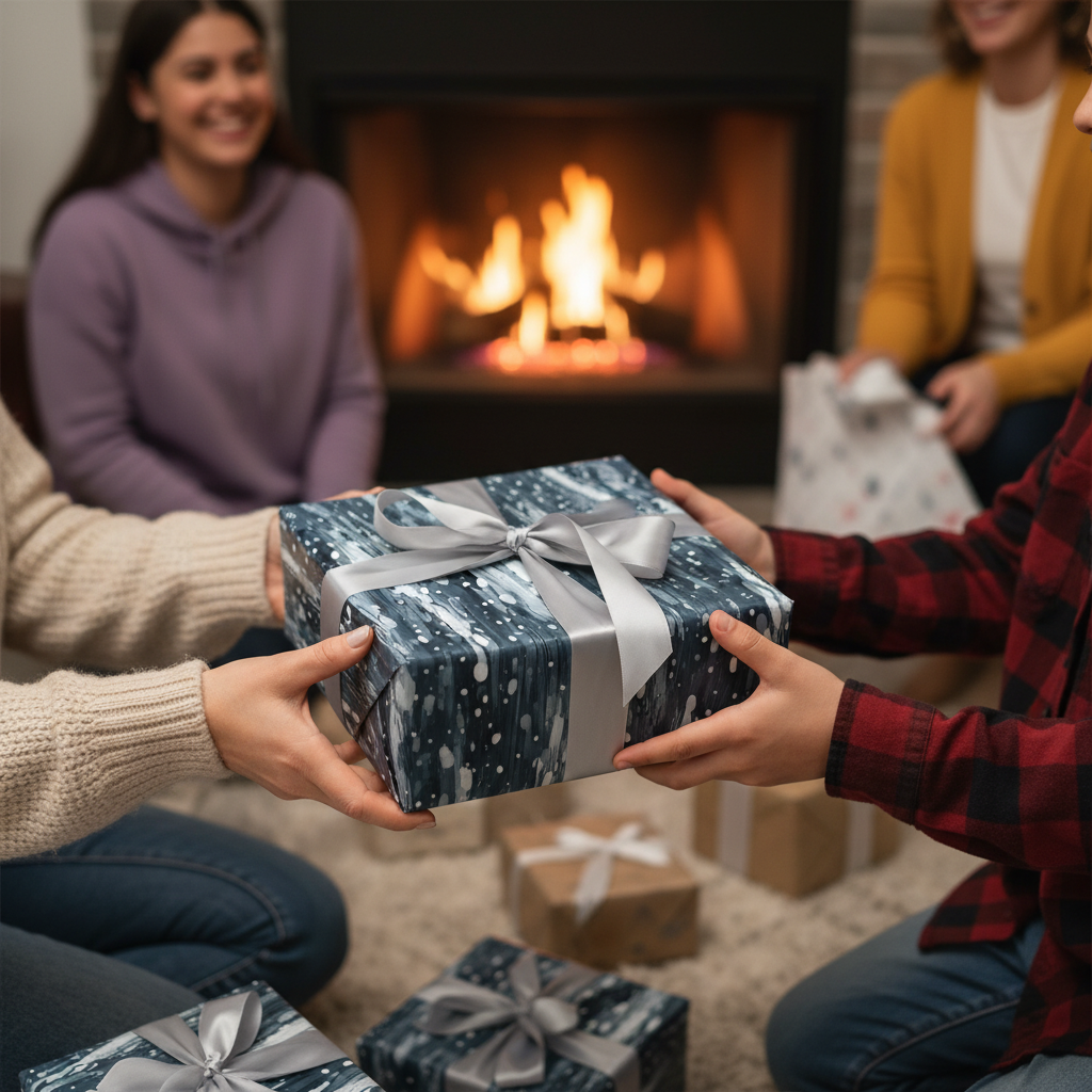 Exchanging gifts wrapped in modern blue wrapping paper with silver ribbon around a warm fire at Christmas.