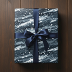 Abstract navy gift wrapped with satin ribbon; modern birthday wrapping paper idea.
