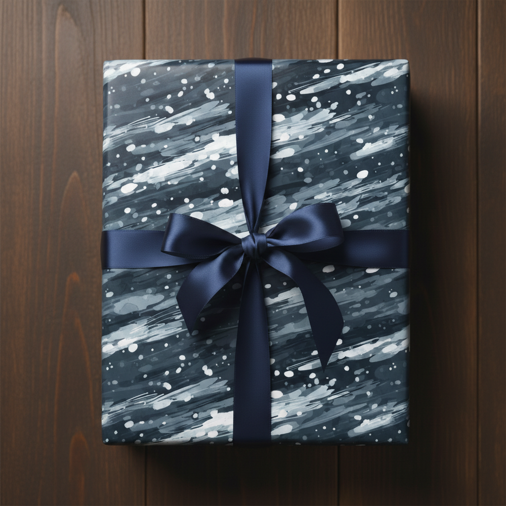 Abstract navy gift wrapped with satin ribbon; modern birthday wrapping paper idea.