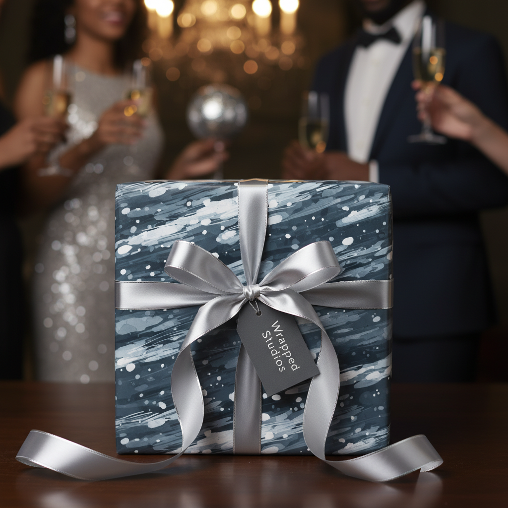 Elegant gift wrapped in modern blue patterned wrapping paper with a silver ribbon, at a party.