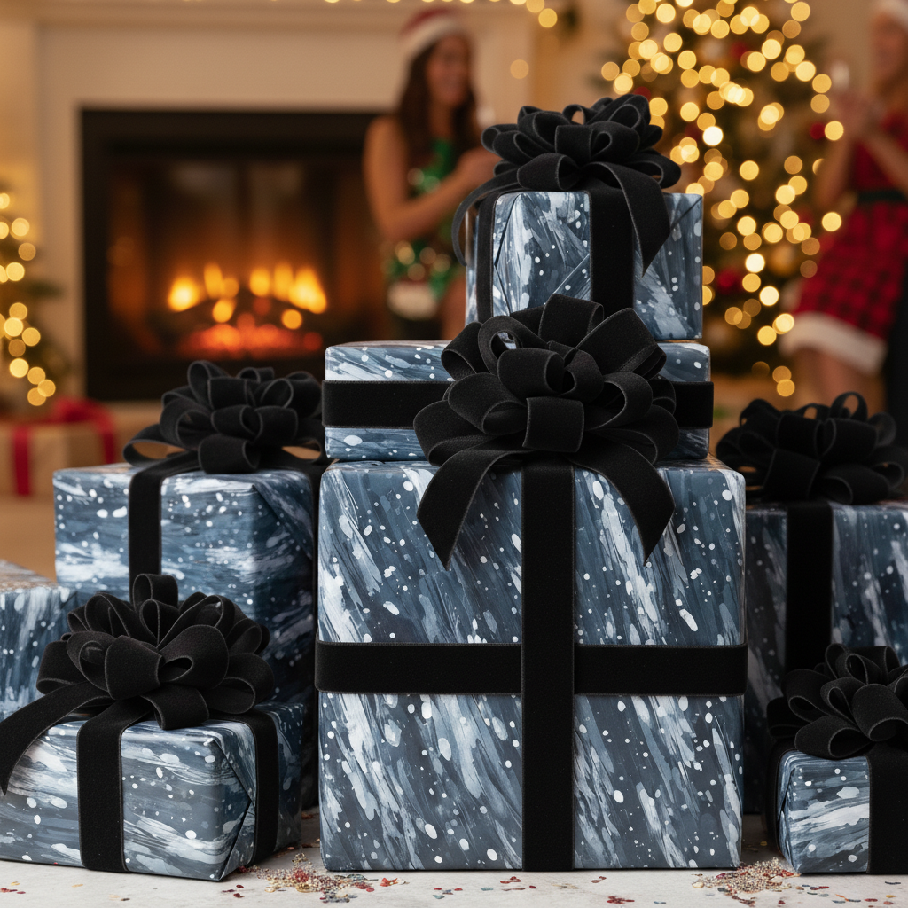 Modern Christmas gift wrap with a blue and white abstract pattern, black velvet ribbon and bows, and festive background.