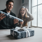 Elegant, modern wrapping paper in gray marble design with white ribbon and happy couple in background.