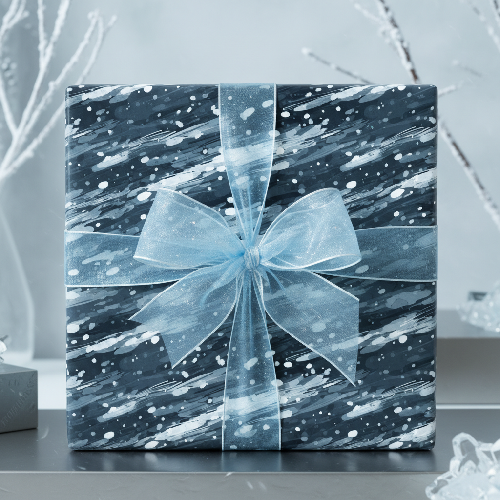 Elegant gift wrapped in blue abstract print paper with a sheer blue ribbon and bow.