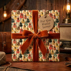 Vintage guitar wrapping paper with rust velvet bow and music lover gift tag by Wrapped Studios.