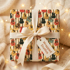 Retro acoustic guitar wrapping paper with a cream bow and gift tag by Wrapped Studios.