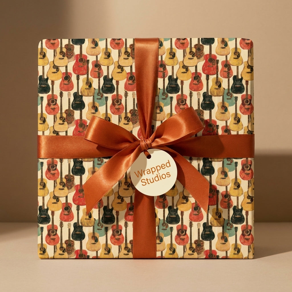 Retro guitar wrapping paper with a copper ribbon on a birthday gift box by Wrapped Studios.