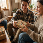 Couple exchanging a gift wrapped in music guitar wrapping paper by Wrapped Studios.