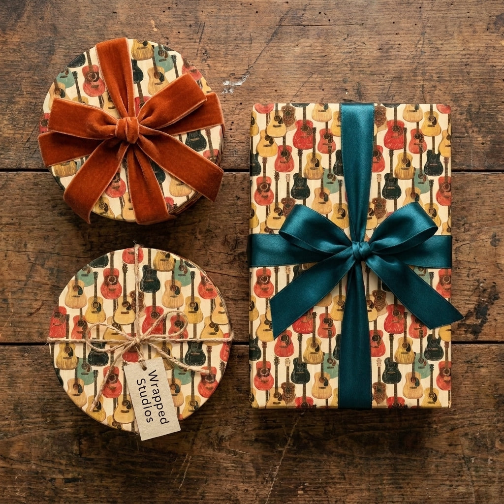Acoustic guitar wrapping paper by Wrapped Studios on gifts with velvet and satin bows.
