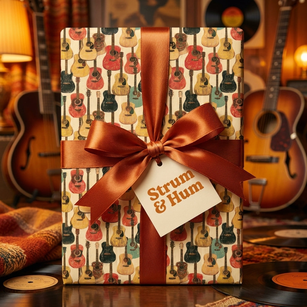 Retro guitar wrapping paper with a copper satin bow. Music themed gift wrap by Wrapped Studios.