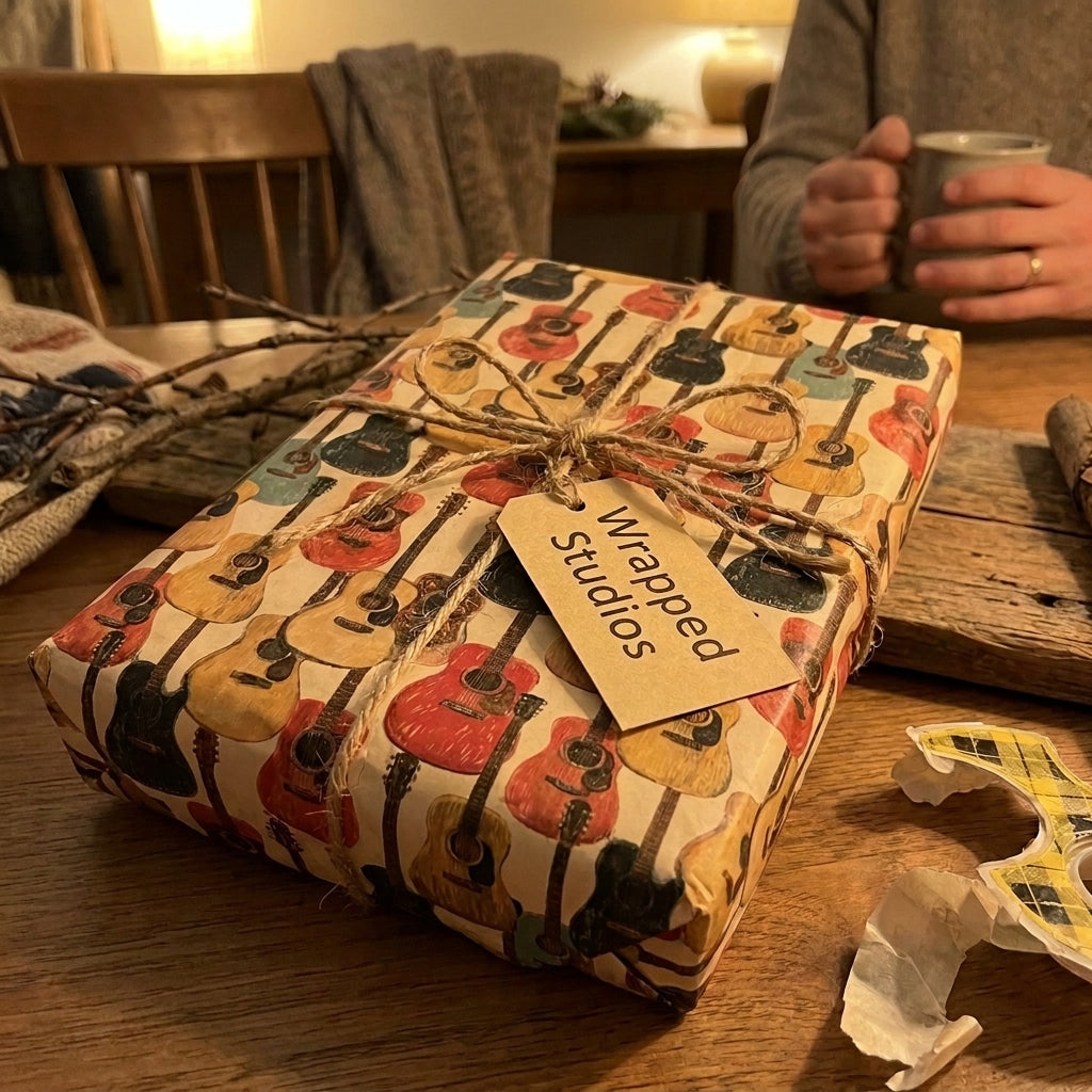 Retro guitar wrapping paper by Wrapped Studios on a gift box tied with rustic twine.