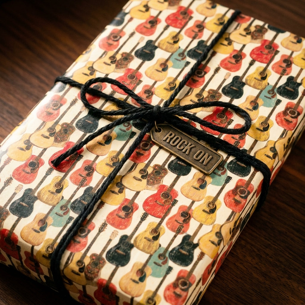 Retro guitar wrapping paper by Wrapped Studios with a black twine bow and "Rock On" tag.