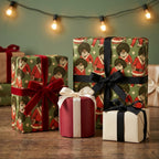 Inclusive Black Santa Christmas wrapping paper on festive holiday gift boxes by Wrapped Studios.