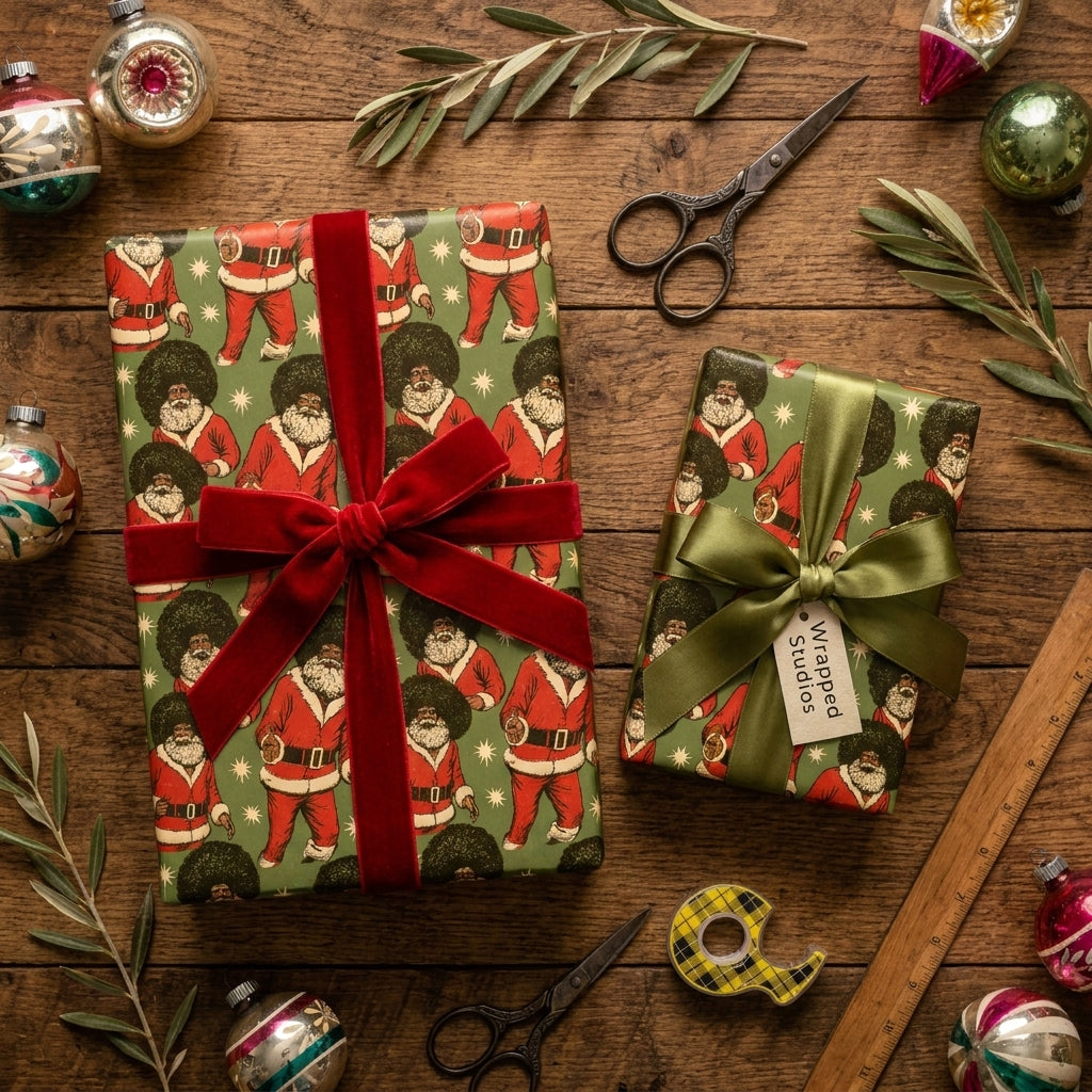 Black Santa Christmas wrapping paper on gift boxes with velvet ribbons, by Wrapped Studios.