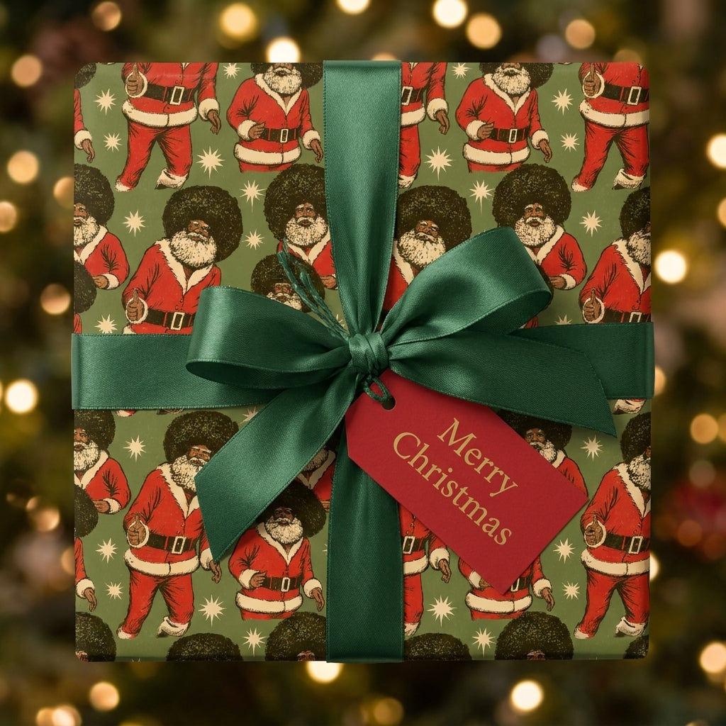 Black Santa Christmas wrapping paper with a green satin bow and tag by Wrapped Studios.